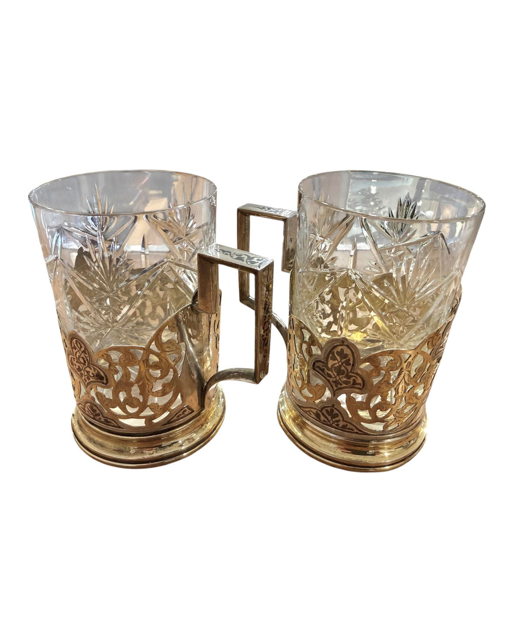 Pair of Russian Soviet Era Silver Gilt and Niello Tea Glass Holders.