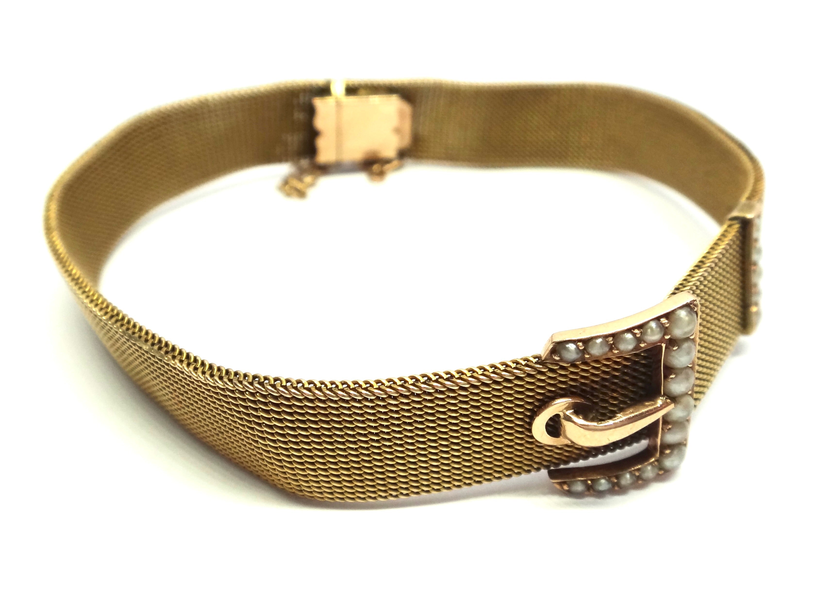 ANTIQUE 15ct Yellow Gold & Seed Pearl Mesh Buckle Bracelet c.1900