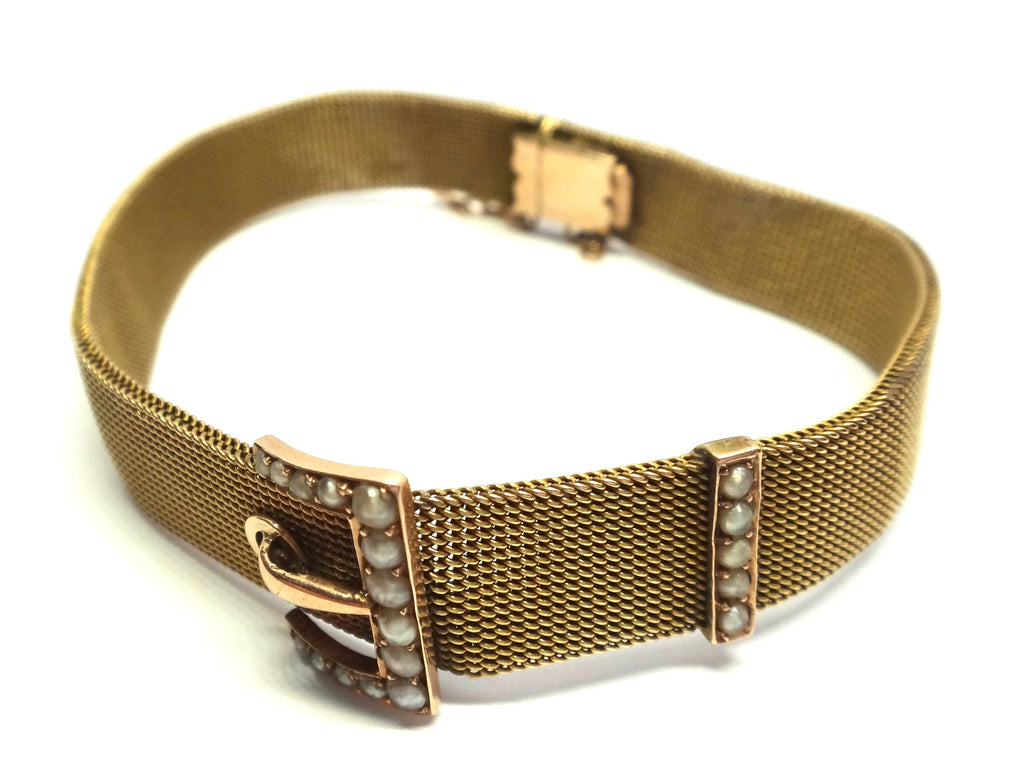 ANTIQUE 15ct Yellow Gold & Seed Pearl Mesh Buckle Bracelet c.1900