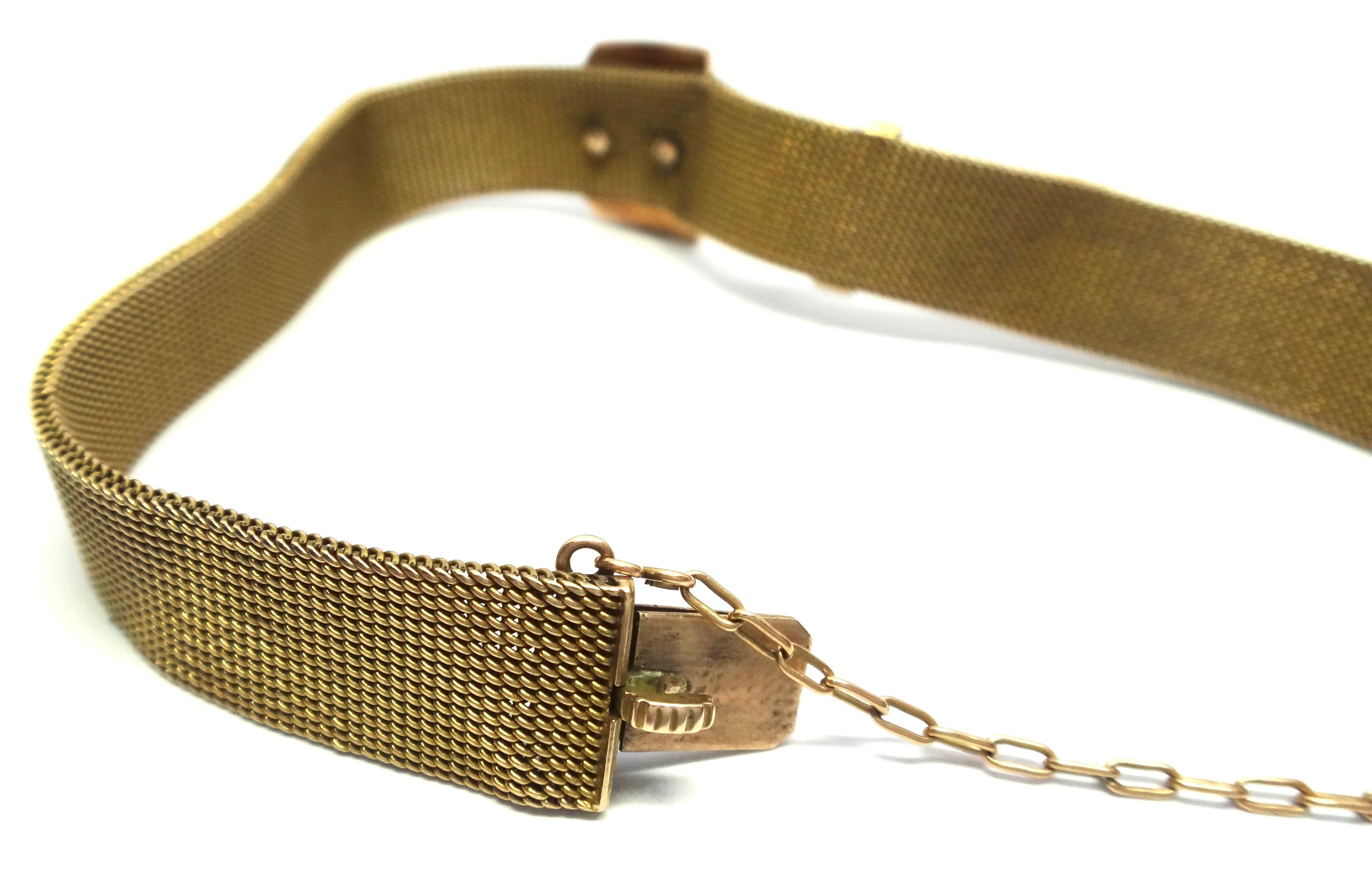 ANTIQUE 15ct Yellow Gold & Seed Pearl Mesh Buckle Bracelet c.1900