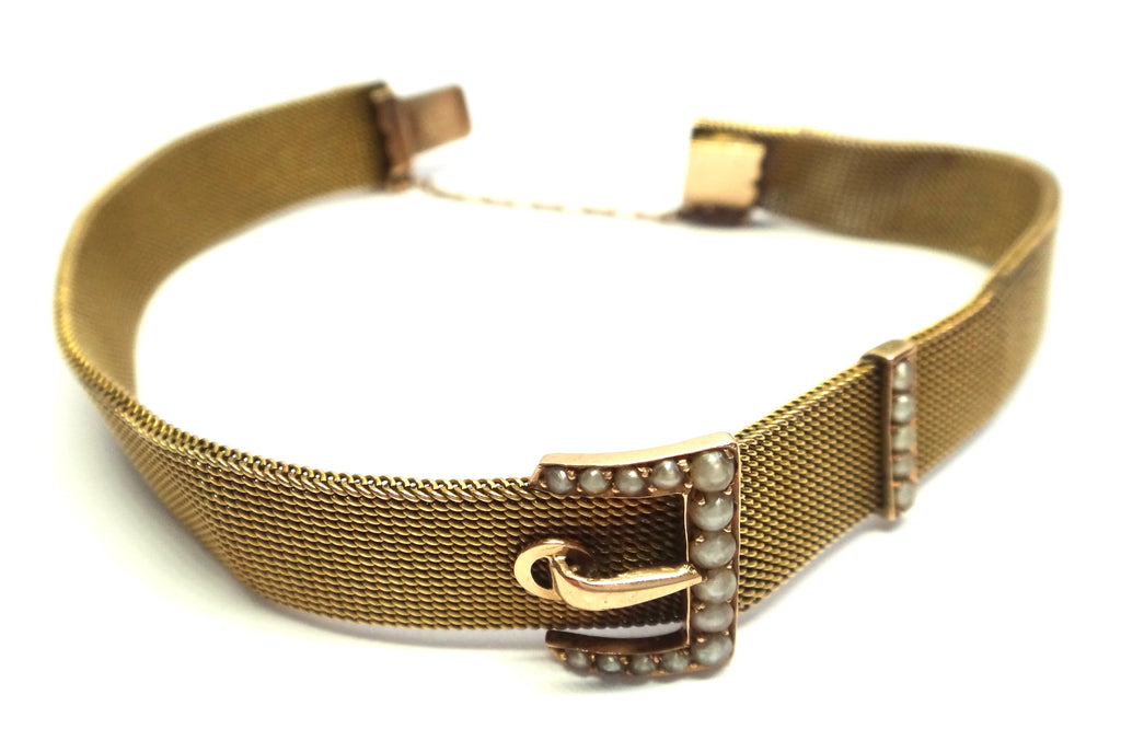ANTIQUE 15ct Yellow Gold & Seed Pearl Mesh Buckle Bracelet c.1900