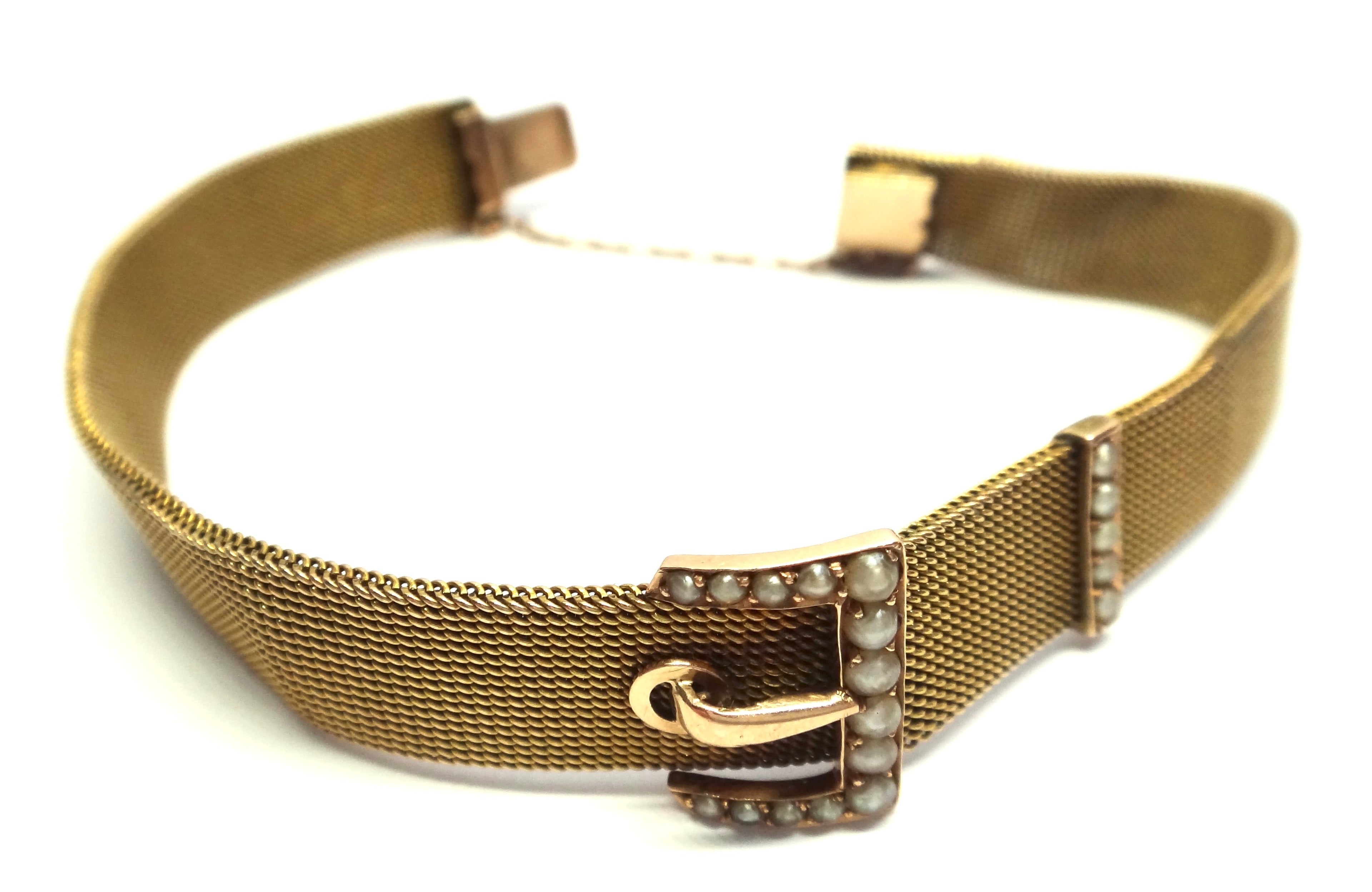 ANTIQUE 15ct Yellow Gold & Seed Pearl Mesh Buckle Bracelet c.1900