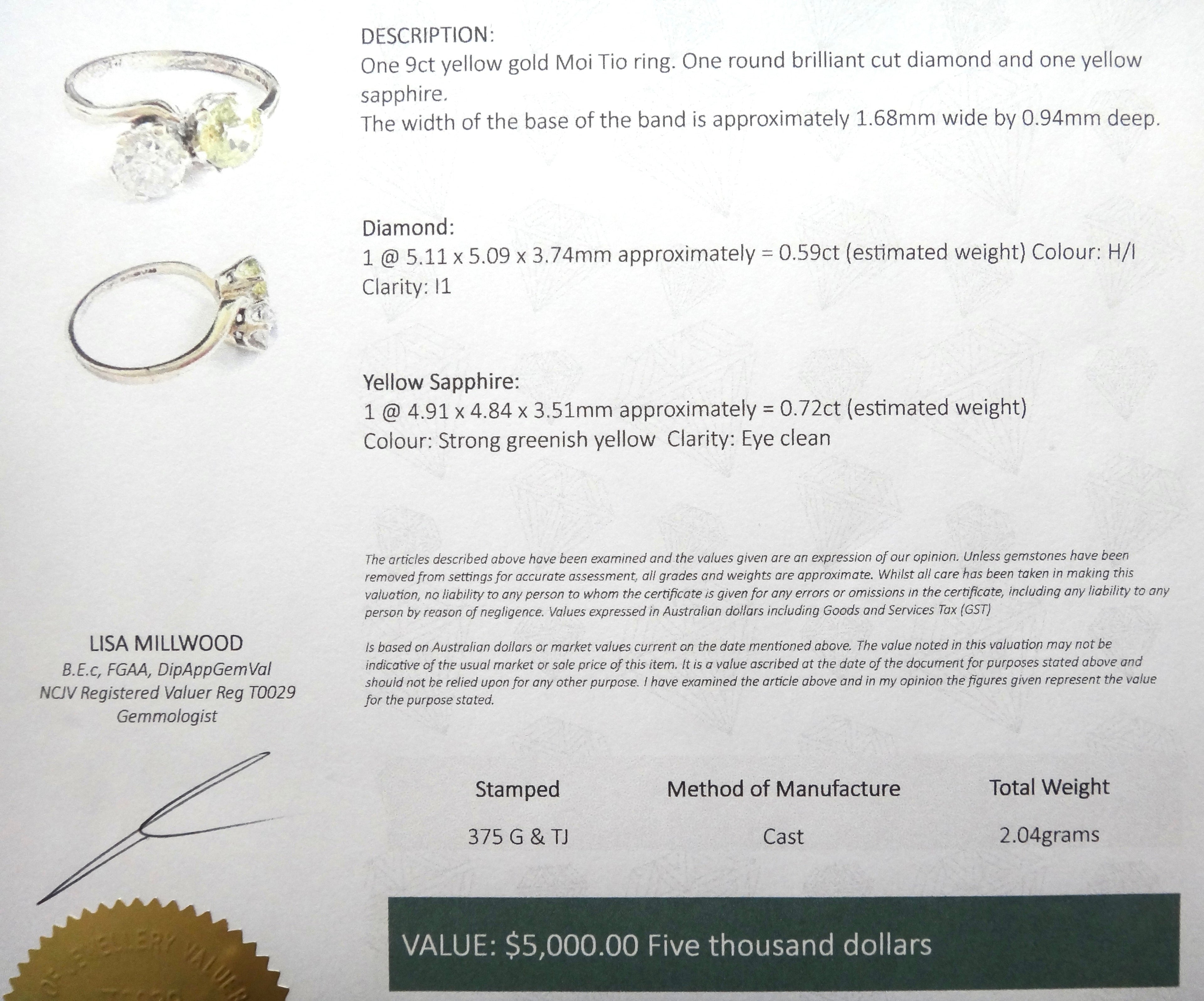 Antique Style 9ct Gold, Yellow Sapphire & Diamond Toi et Moi Ring - VAL $5,000