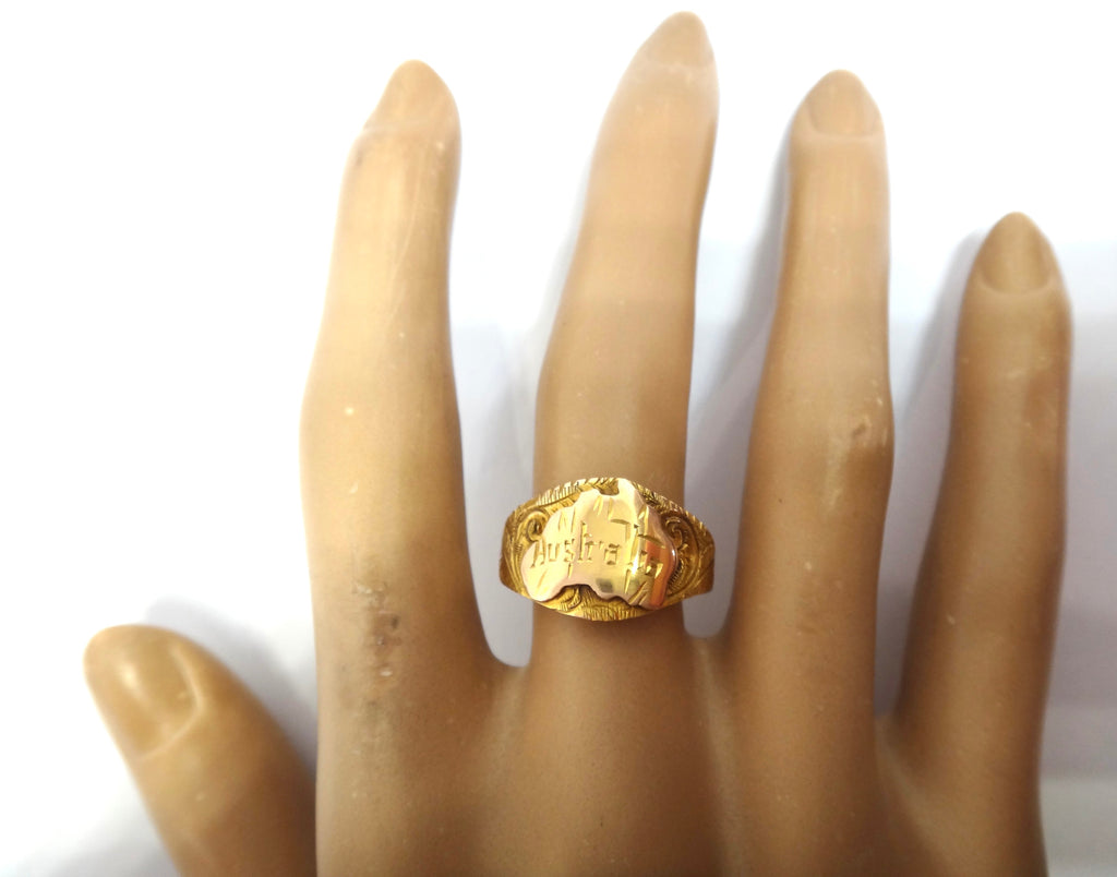Australian Made ANTIQUE 9ct Gold Map Signet Ring c.1910
