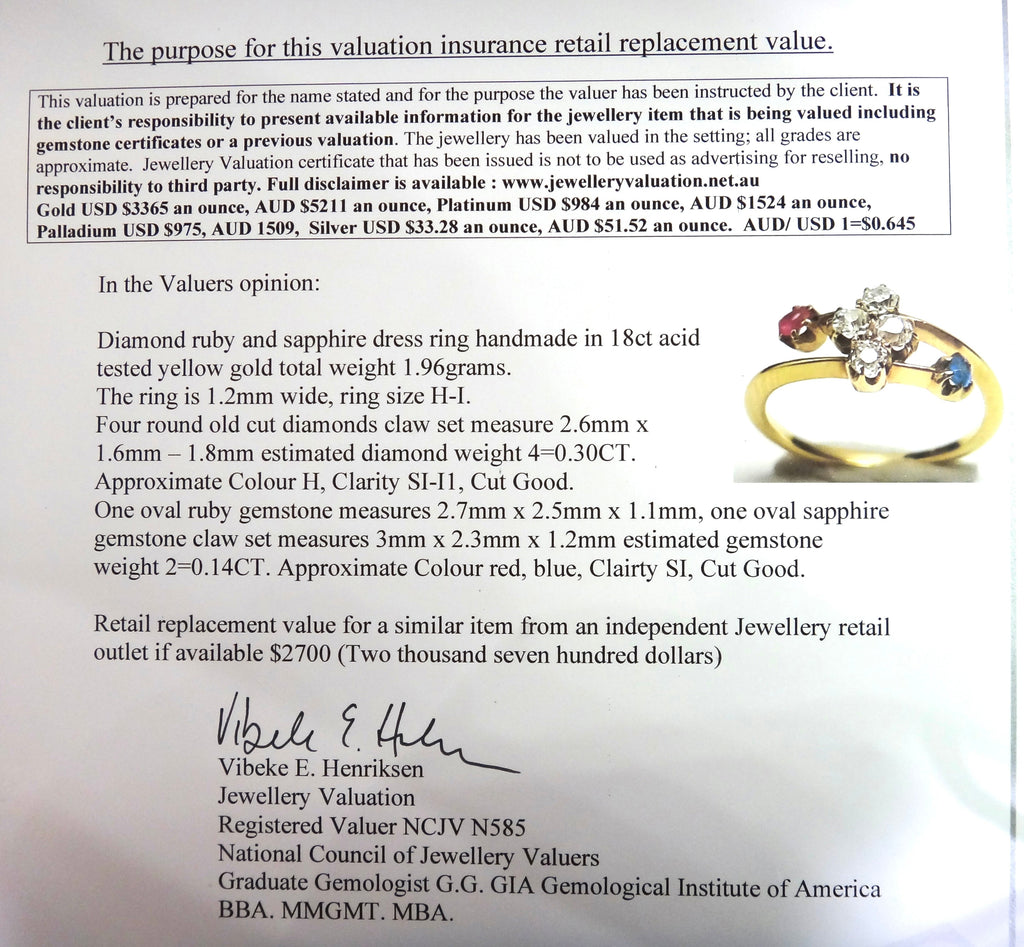 ANTIQUE 18ct Gold, Ruby, Sapphire & Diamond Crossover Ring c.1920 - VAL $2,700