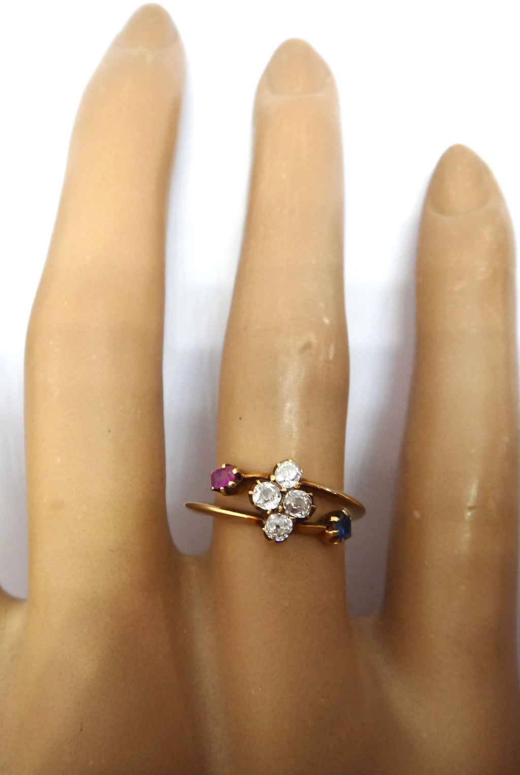 ANTIQUE 18ct Gold, Ruby, Sapphire & Diamond Crossover Ring c.1920 - VAL $2,700