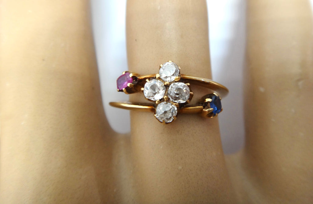 ANTIQUE 18ct Gold, Ruby, Sapphire & Diamond Crossover Ring c.1920 - VAL $2,700