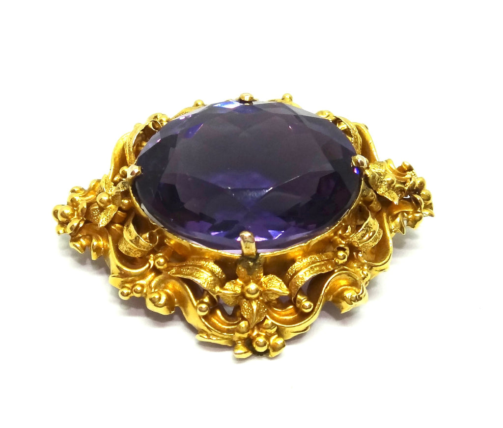 ANTIQUE 18ct Yellow GOLD & Amethyst Brooch c.1865