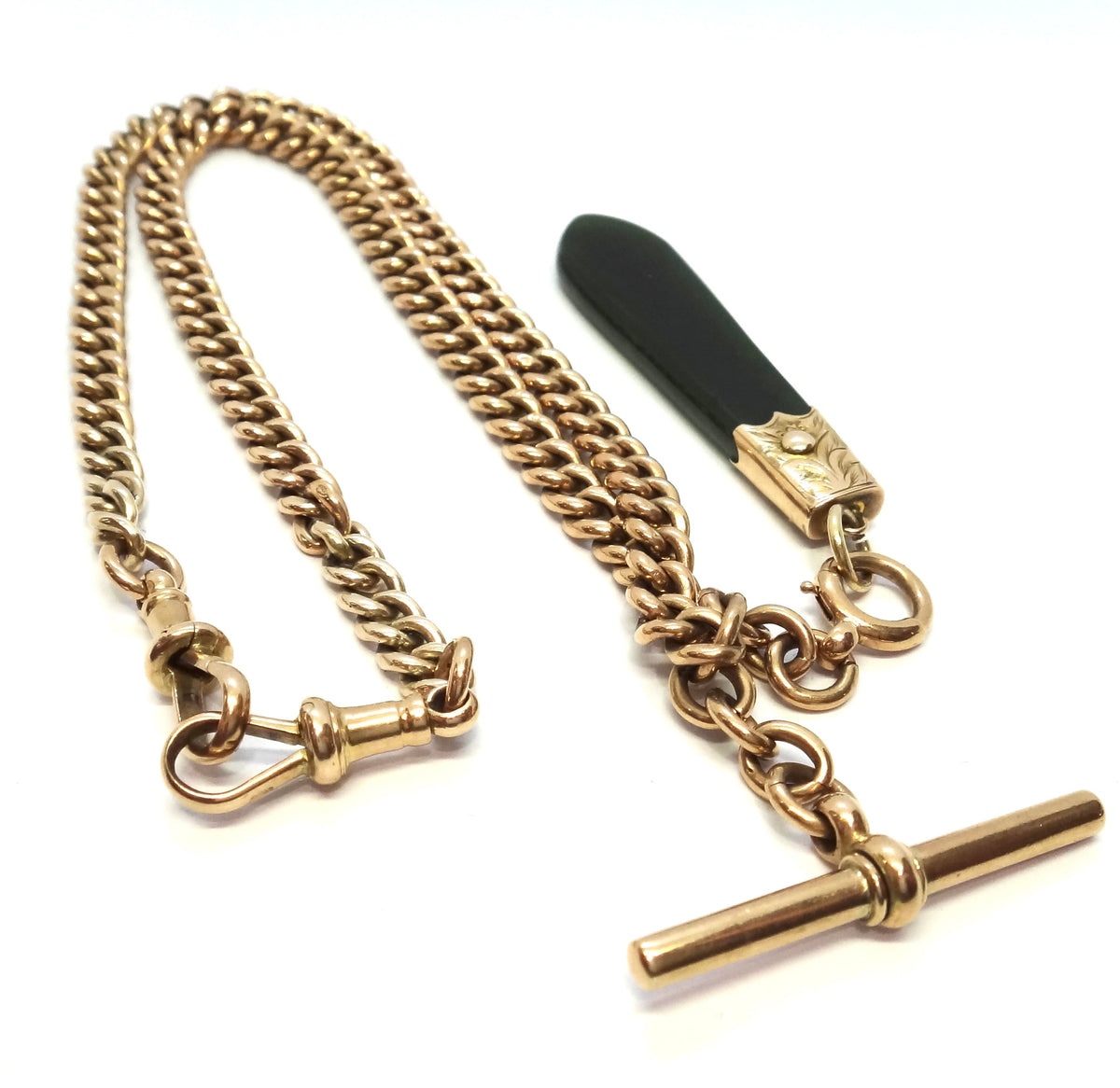 ANTIQUE 9ct Rose GOLD Albert Chain with Greenstone Fob c.1910