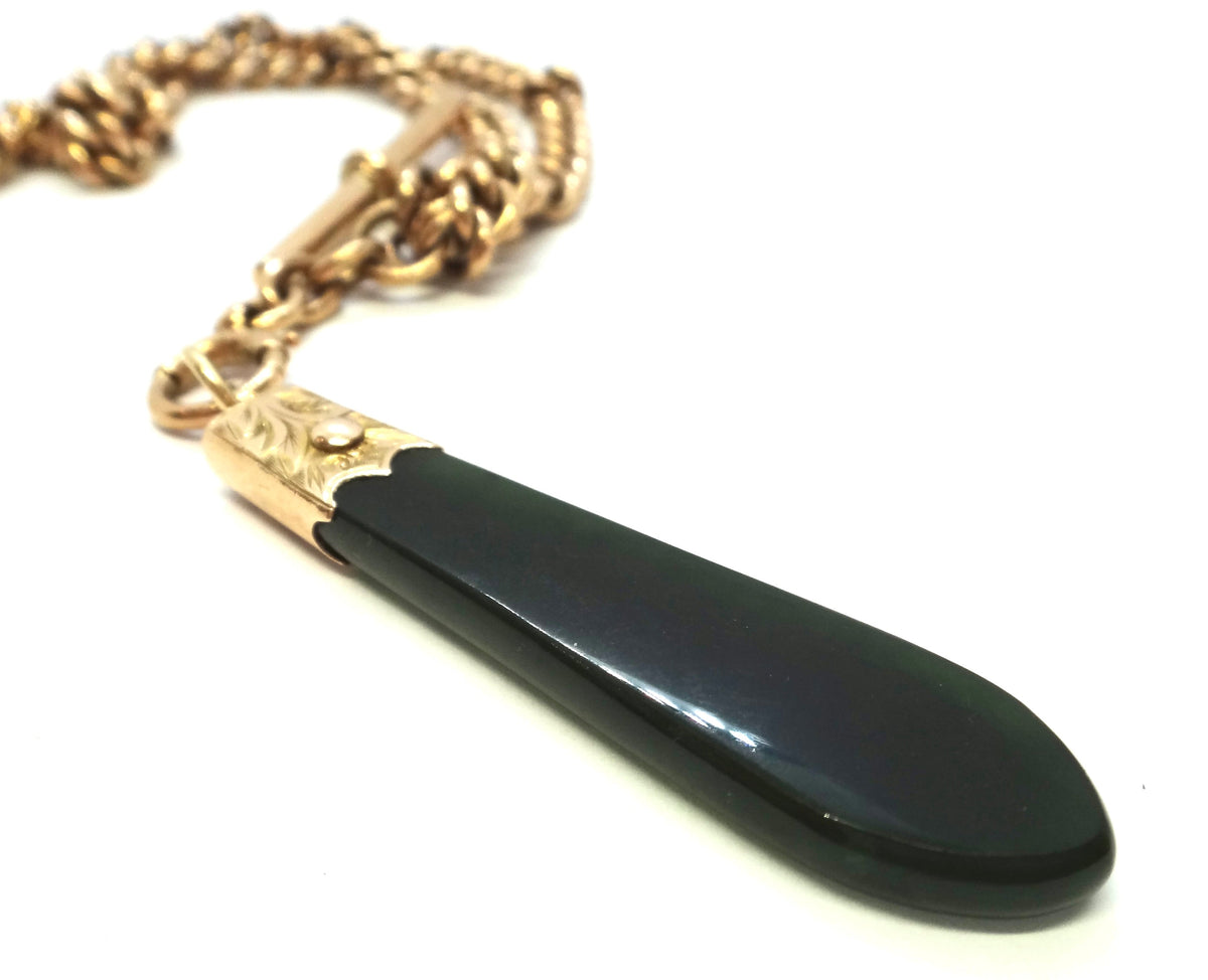 ANTIQUE 9ct Rose GOLD Albert Chain with Greenstone Fob c.1910