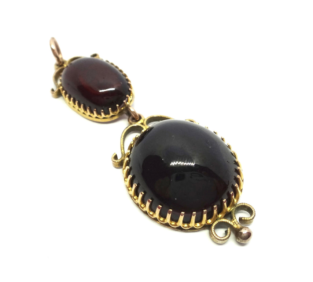 ANTIQUE 9ct GOLD & Cabochon Garnet Double Drop Pendant c.1880 - VAL $4,400
