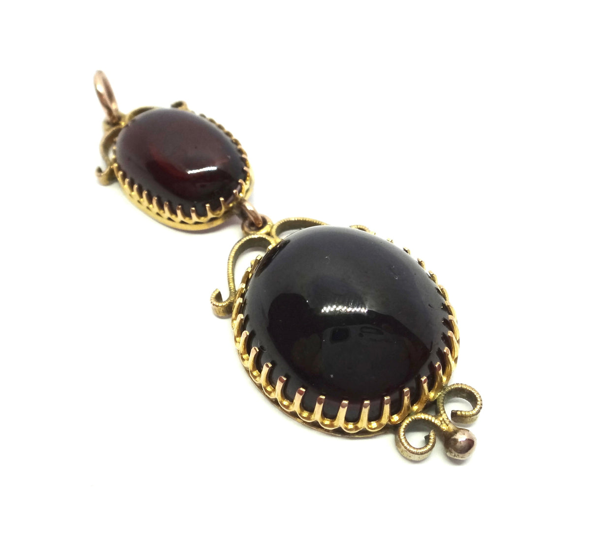 ANTIQUE 9ct GOLD & Cabochon Garnet Double Drop Pendant c.1880 - VAL $4,400