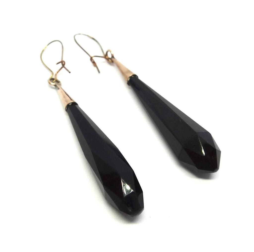 ANTIQUE 9ct Gold & Jet Drop Earrings c.1880