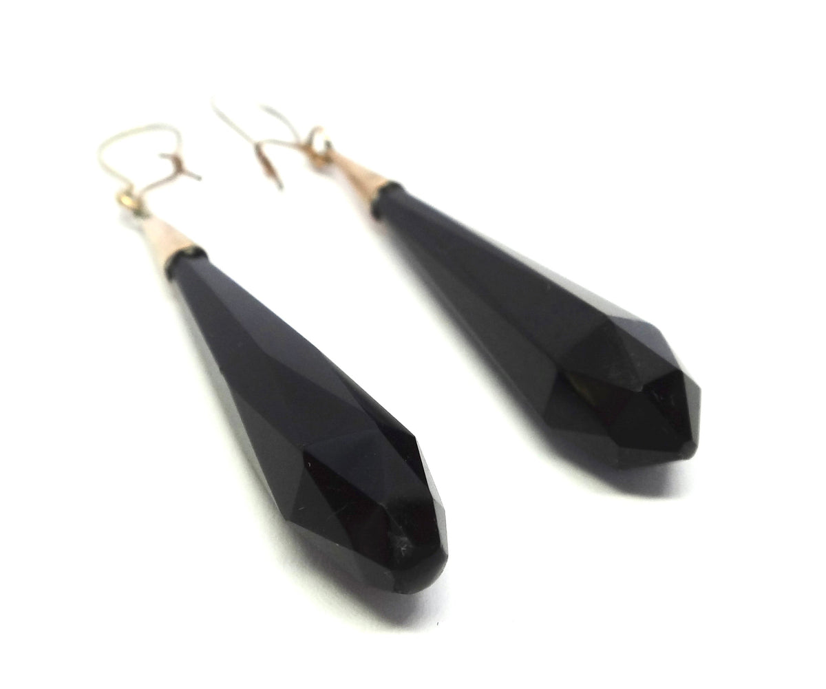 ANTIQUE 9ct Gold & Jet Drop Earrings c.1880