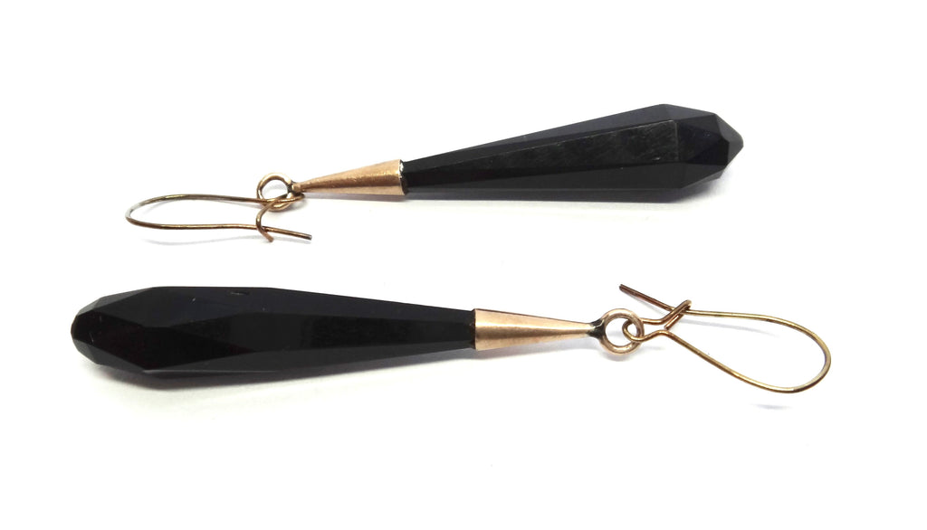 ANTIQUE 9ct Gold & Jet Drop Earrings c.1880