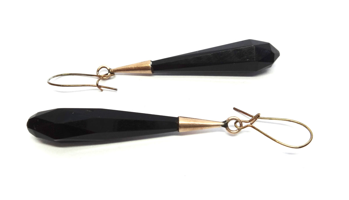 ANTIQUE 9ct Gold & Jet Drop Earrings c.1880