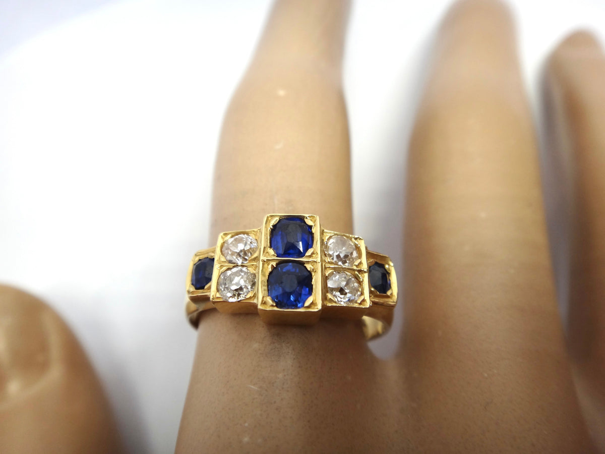 Antique Art Deco Style 18ct Yellow Gold  Sapphire & Diamond Ring - VAL $5,200
