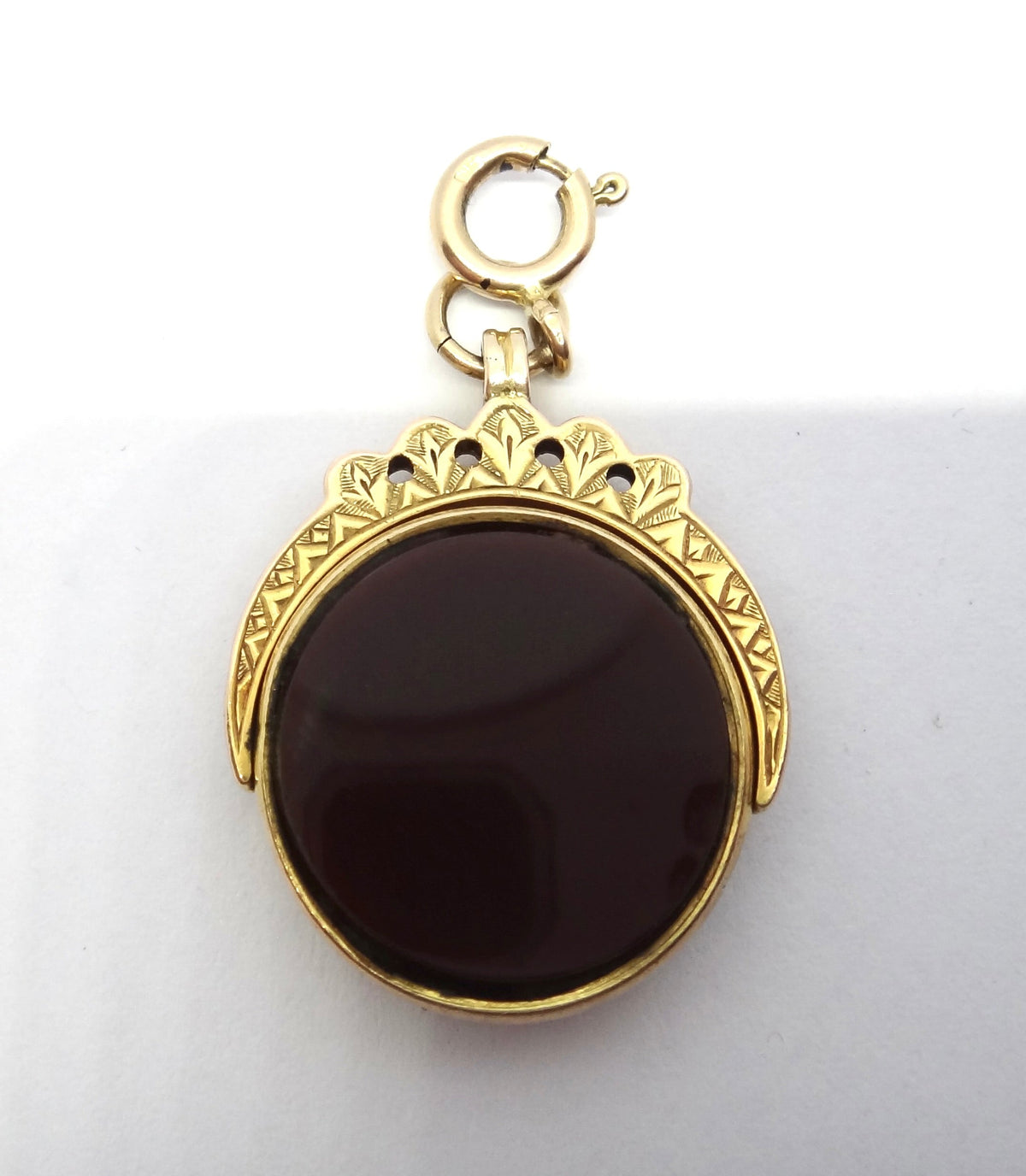 ANTIQUE 9ct Gold, Onyx & Carnelian Spinner Fob Pendant - Birmingham 1914