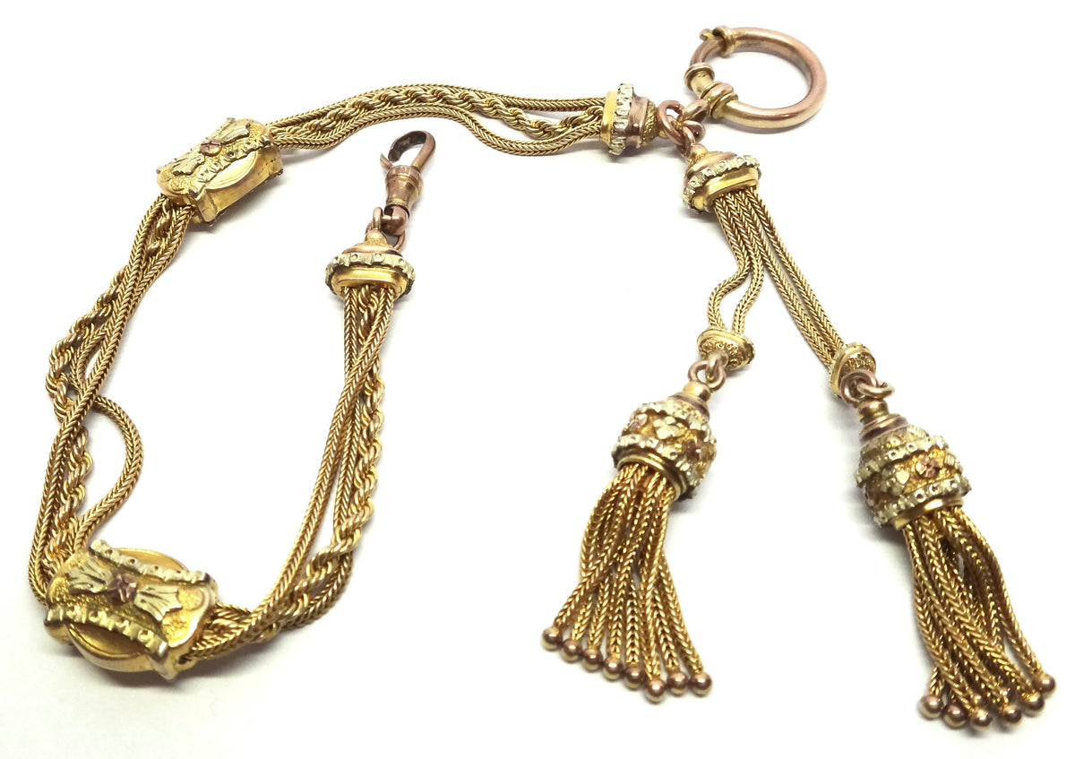 ANTIQUE 9ct Yellow GOLD Albertina Fob Bracelet with Tassel Drop c.1880