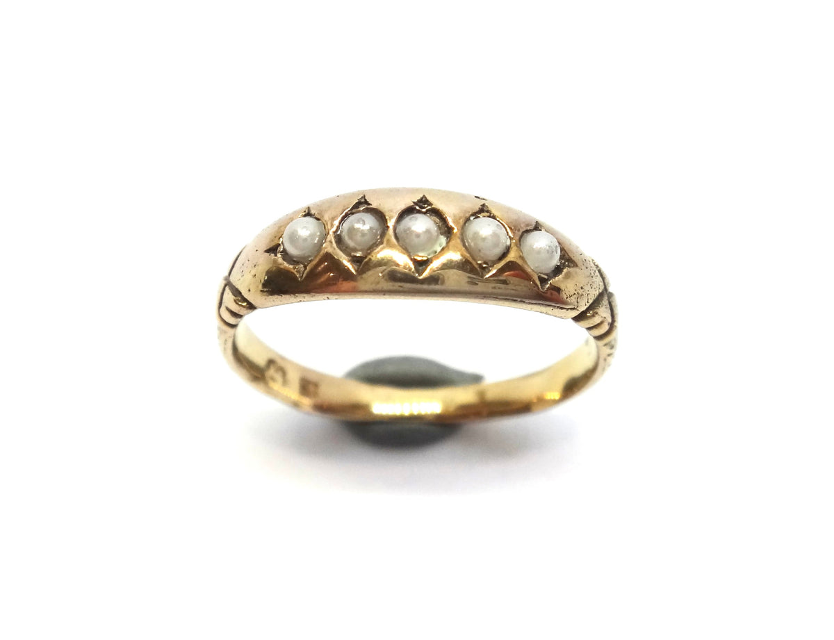 ANTIQUE 15ct Yellow Gold & Pearl Line Ring c.1900