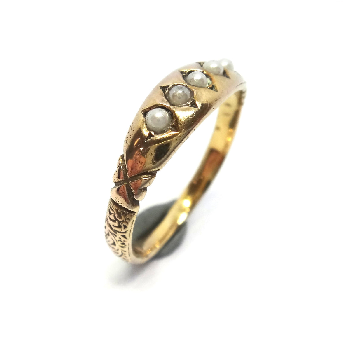 ANTIQUE 15ct Yellow Gold & Pearl Line Ring c.1900