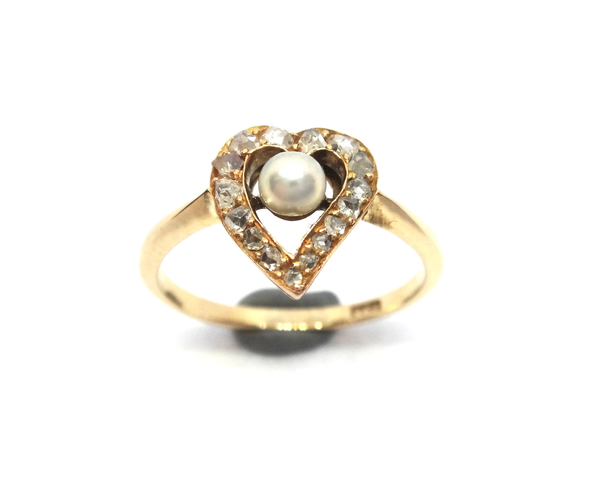 ANTIQUE 9ct Yellow Gold, Diamond & Pearl Witches Heart Ring c.1880