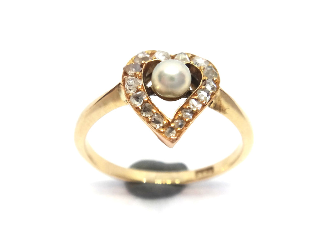 ANTIQUE 9ct Yellow Gold, Diamond & Pearl Witches Heart Ring c.1880