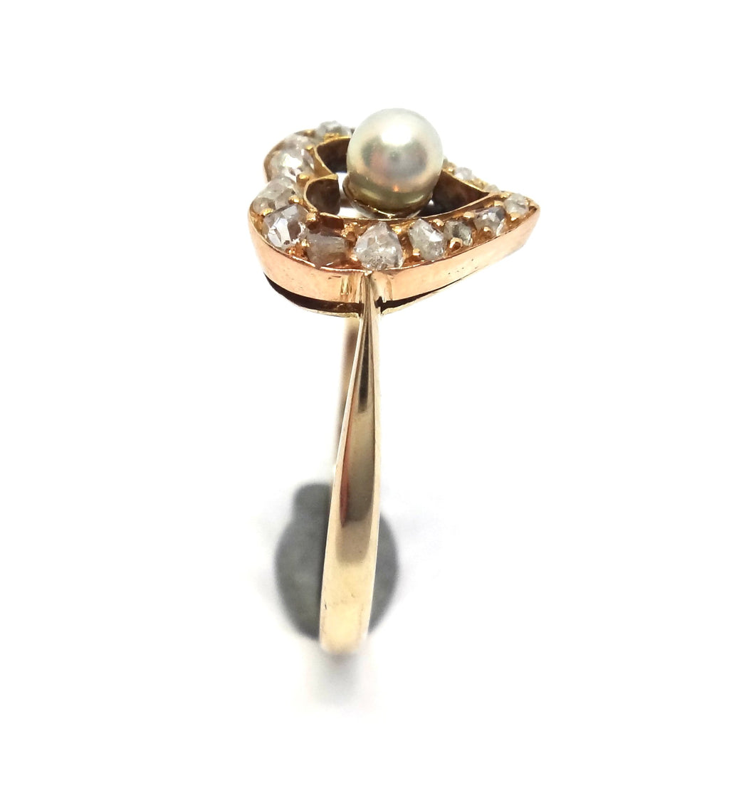 ANTIQUE 9ct Yellow Gold, Diamond & Pearl Witches Heart Ring c.1880