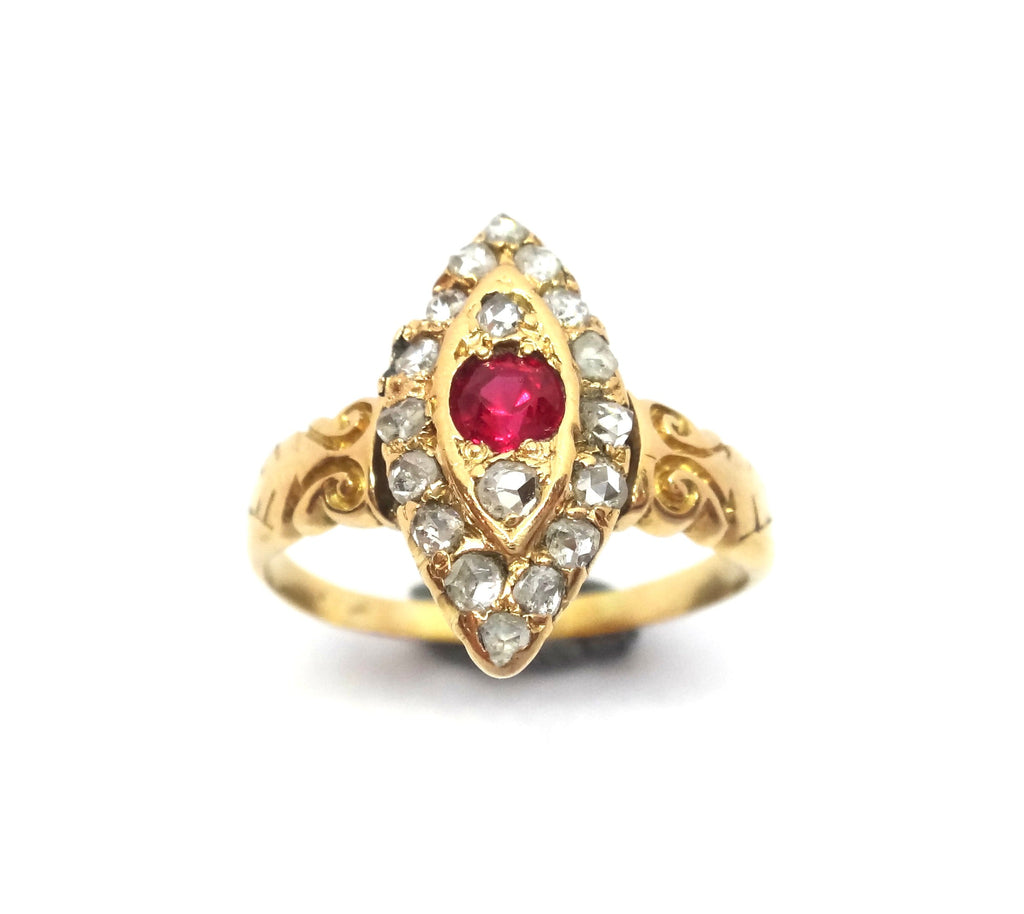 ANTIQUE 18ct Yellow Gold, Ruby & Diamond Navette Shaped Ring c.1910