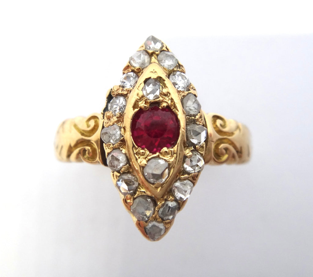 ANTIQUE 18ct Yellow Gold, Ruby & Diamond Navette Shaped Ring c.1910