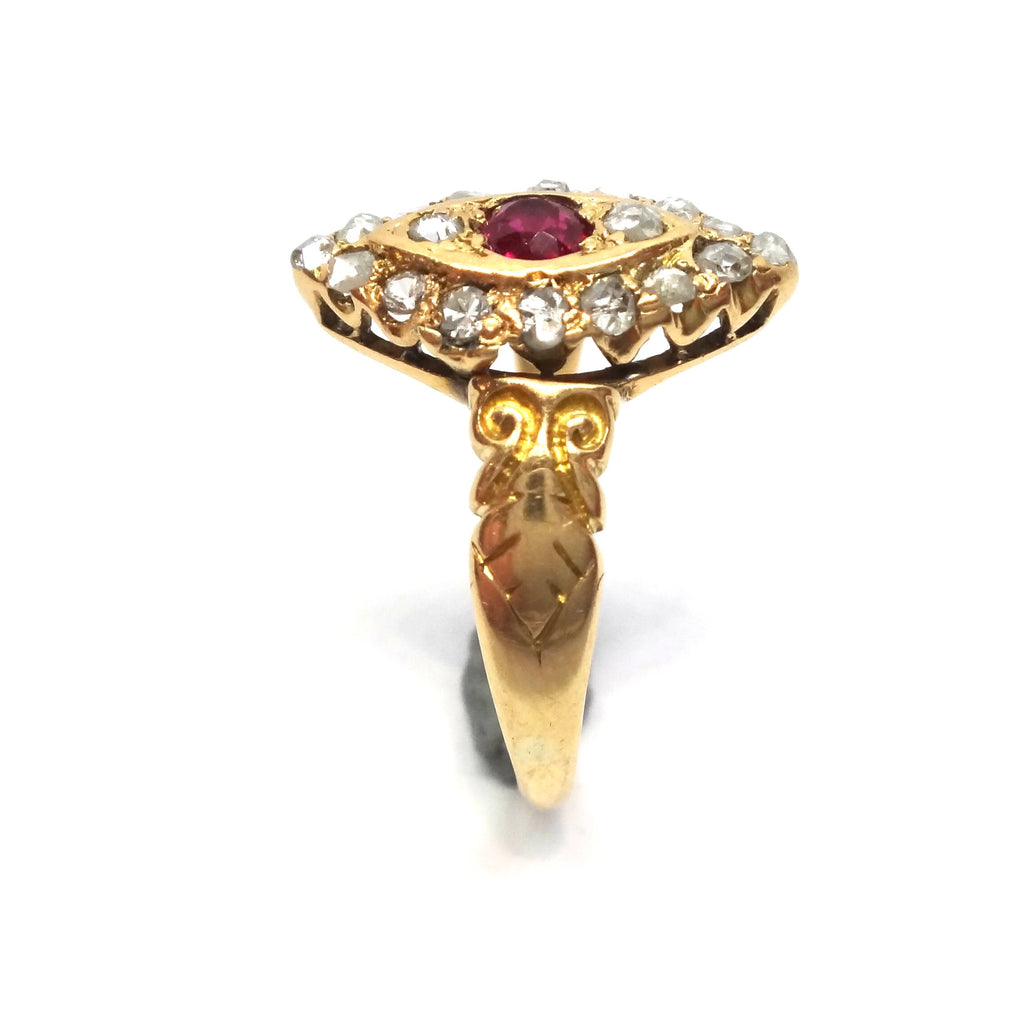 ANTIQUE 18ct Yellow Gold, Ruby & Diamond Navette Shaped Ring c.1910