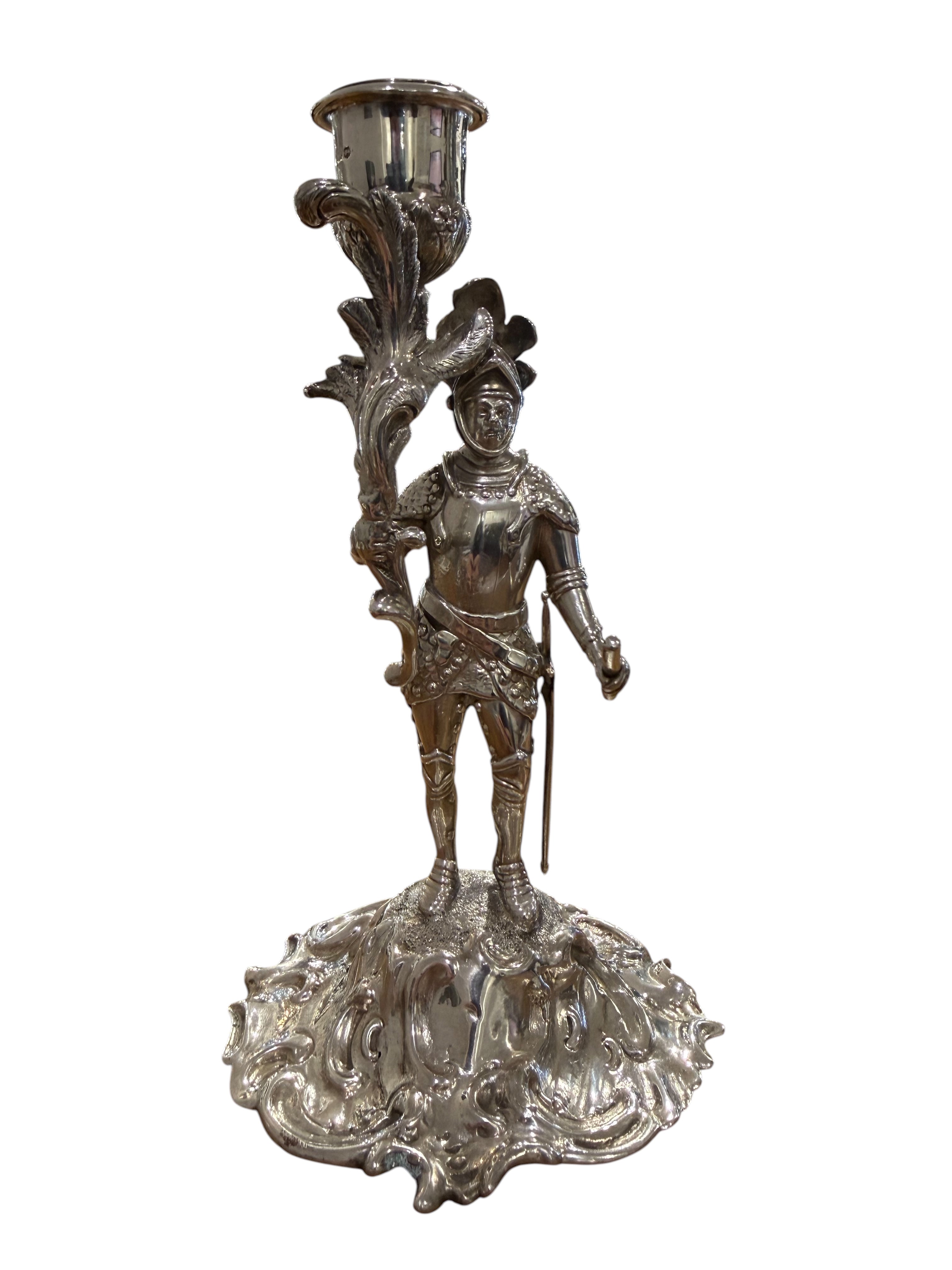 Victorian Sterling Silver Cast Novelty Knight Candlestick. London 1845. Charles & George Fox.
