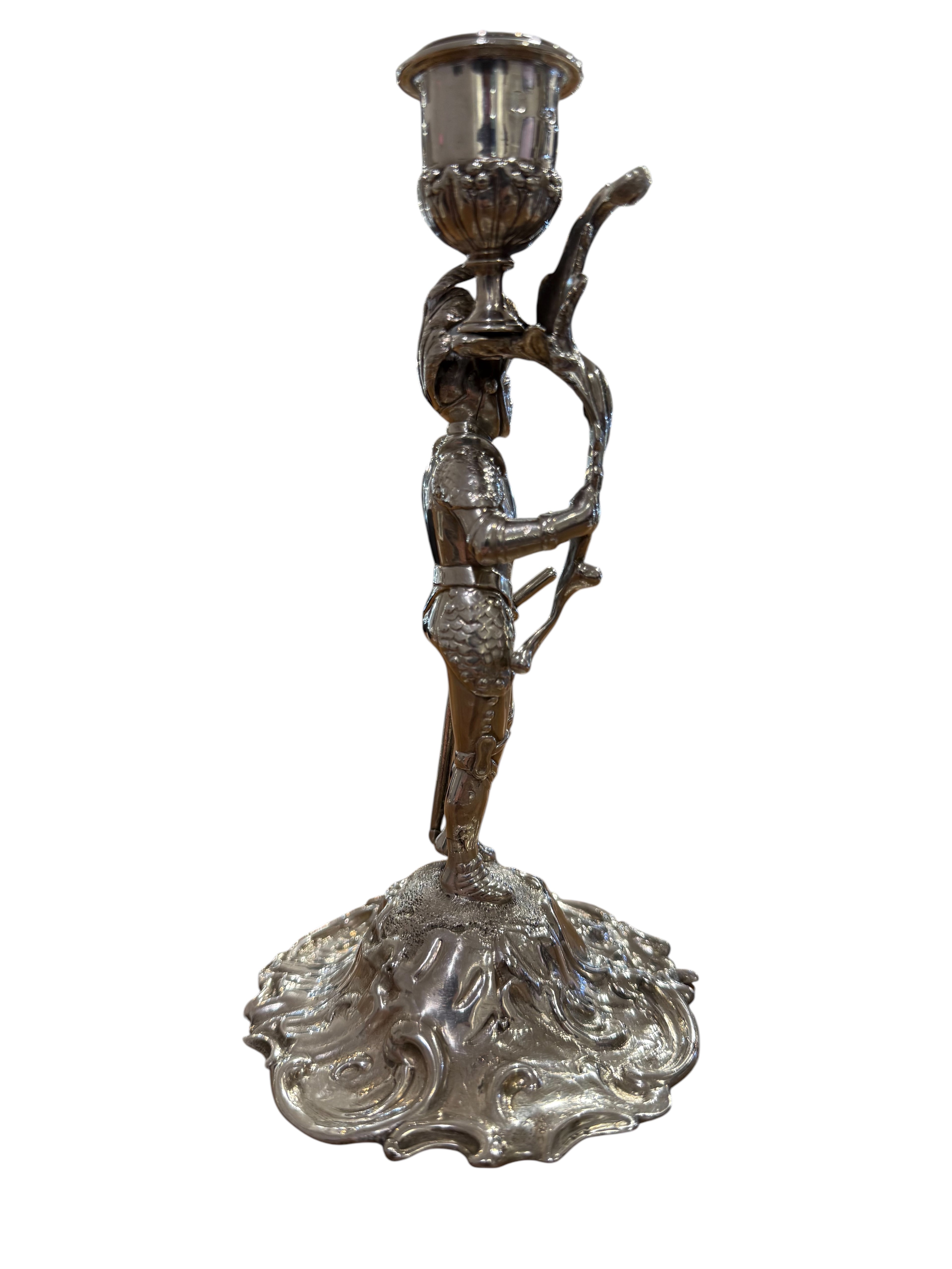 Victorian Sterling Silver Cast Novelty Knight Candlestick. London 1845. Charles & George Fox.