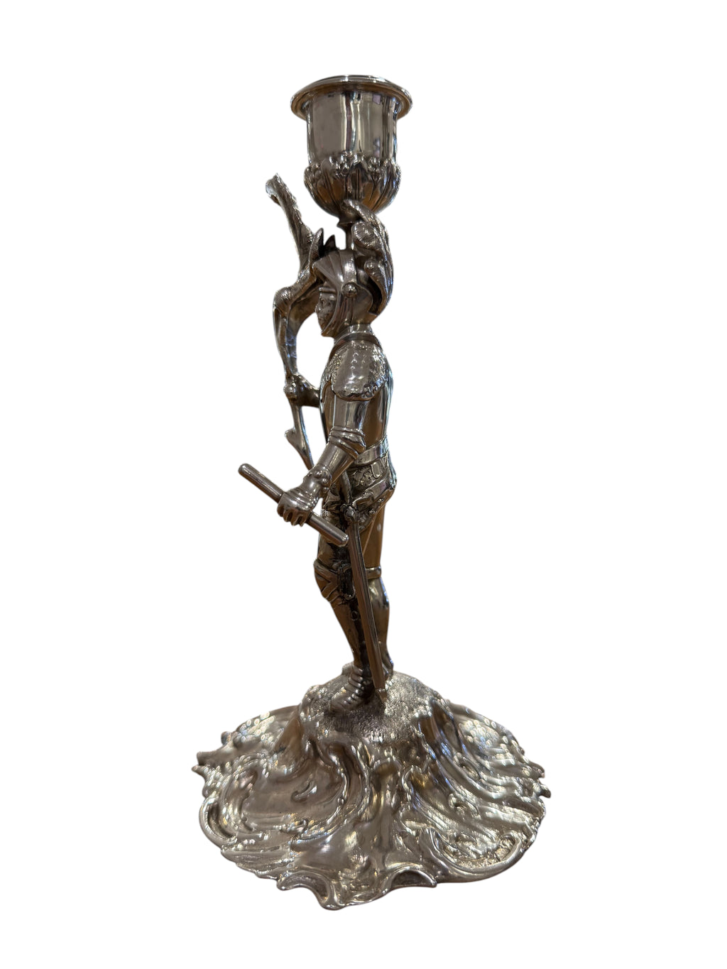 Victorian Sterling Silver Cast Novelty Knight Candlestick. London 1845. Charles & George Fox.