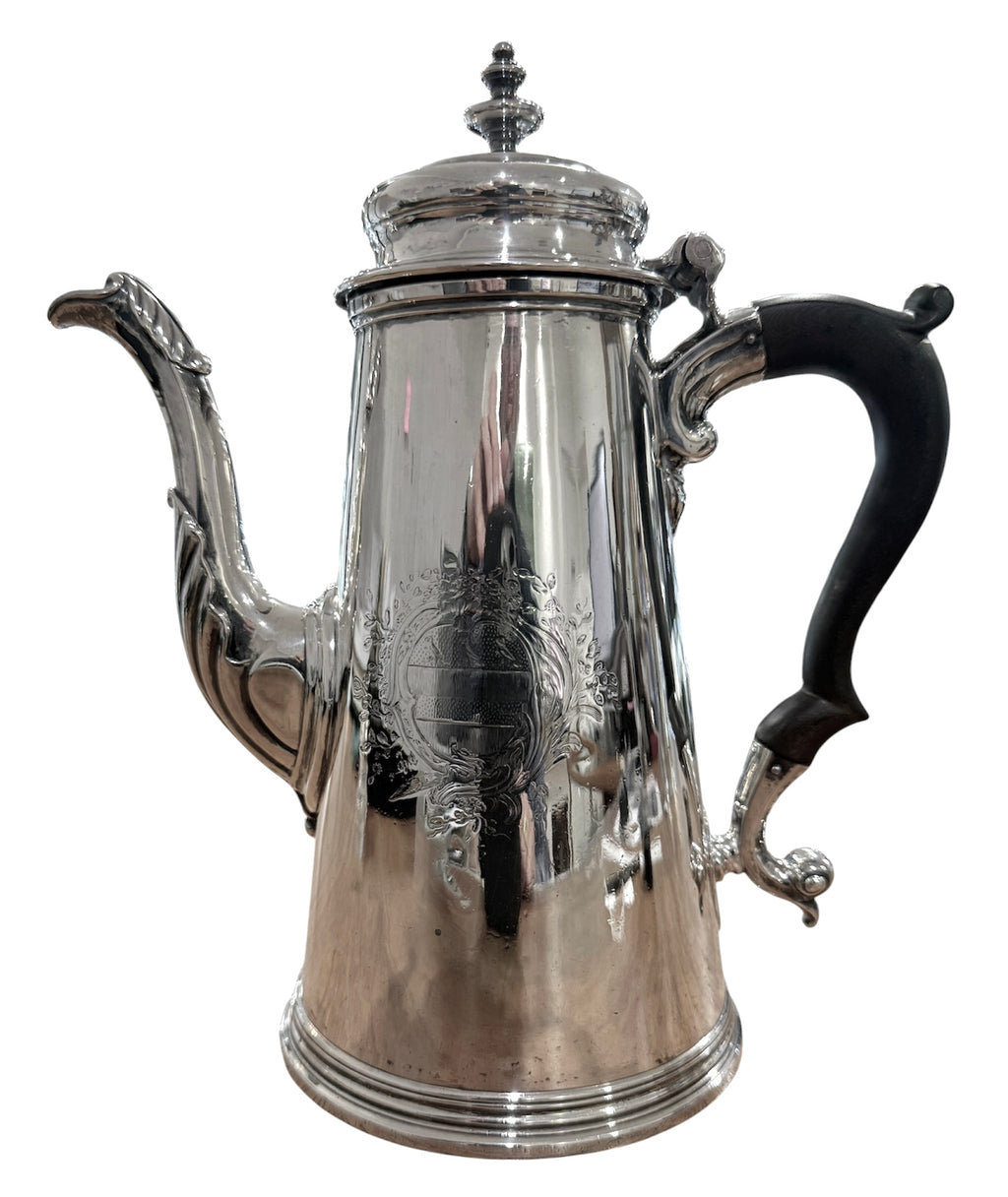 Fine George II Sterling Silver Coffee Pot. London 1738. Thomas Rush, Arms of Greenaway.