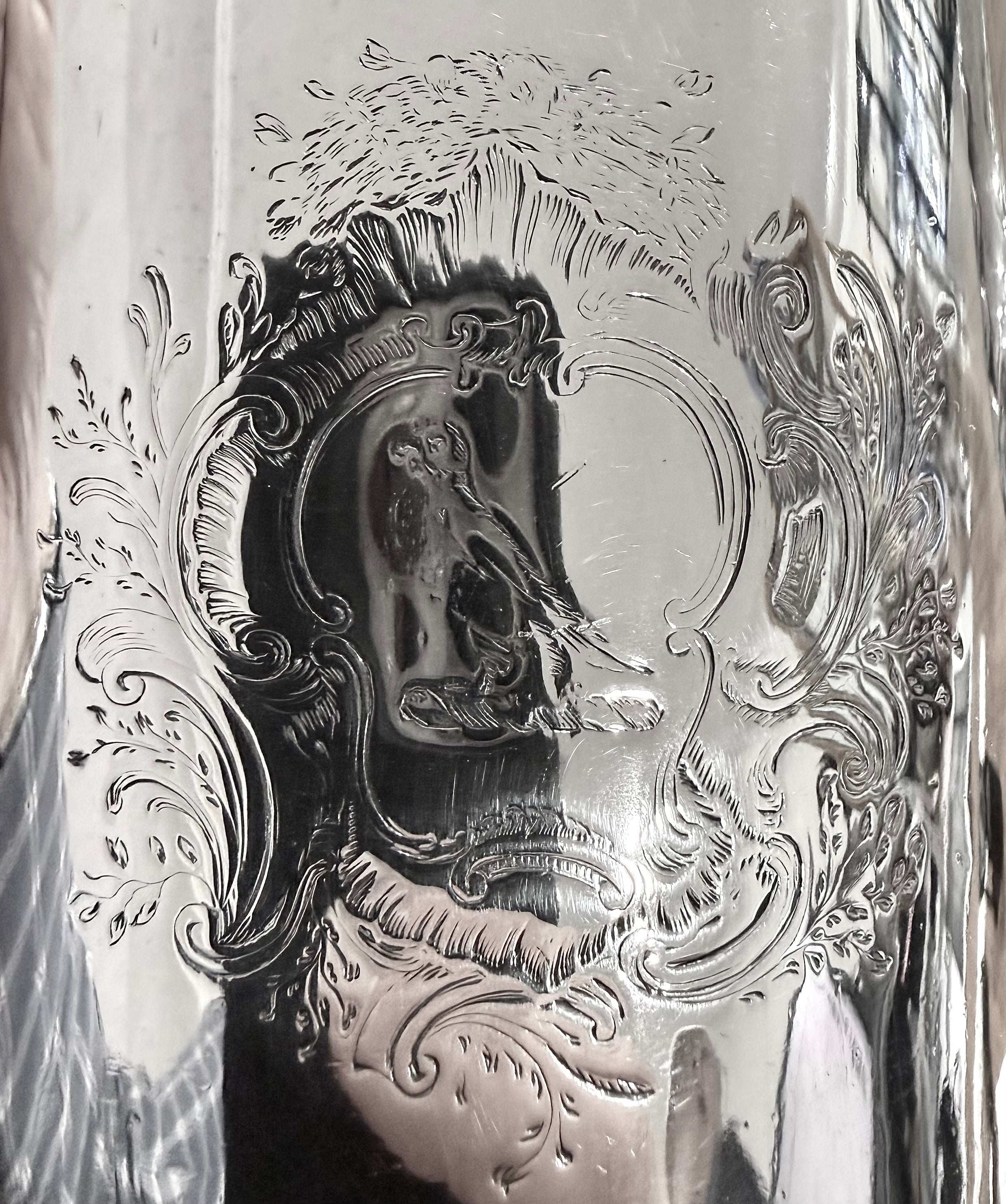 Fine George II Sterling Silver Coffee Pot. London 1738. Thomas Rush, Arms of Greenaway.