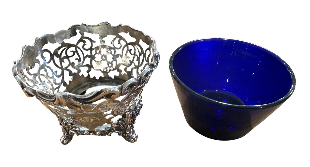 Early Victorian Sterling Silver Pierced Basket With Bristol Blue Liner. London 1844. Reily & Storer.