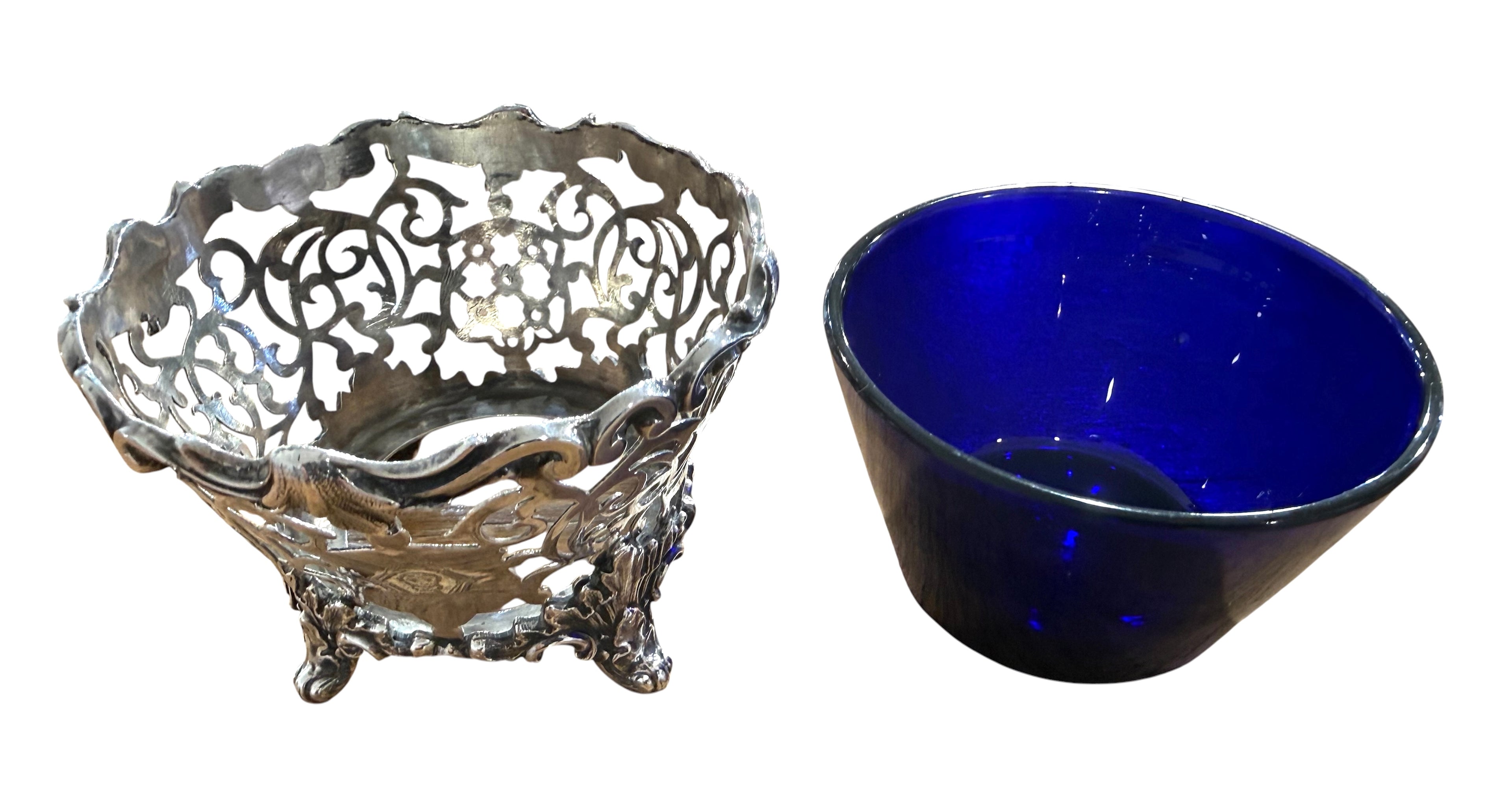 Early Victorian Sterling Silver Pierced Basket With Bristol Blue Liner. London 1844. Reily & Storer.