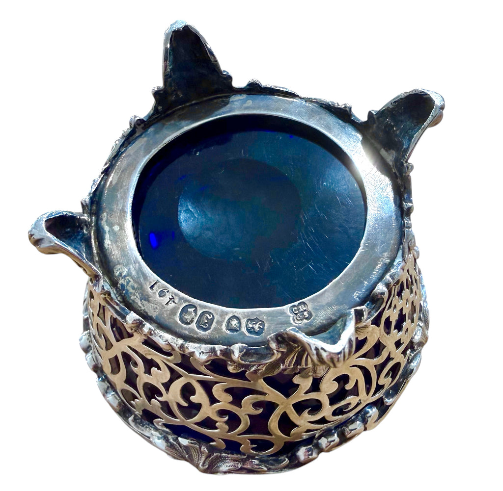 Early Victorian Sterling Silver Pierced Basket With Bristol Blue Liner. London 1844. Reily & Storer.