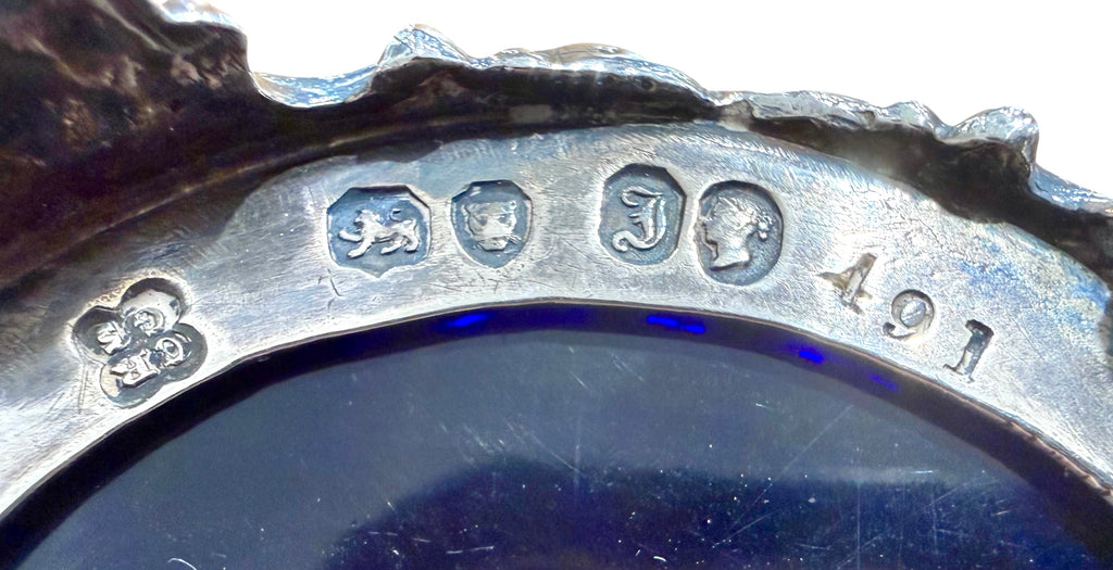 Early Victorian Sterling Silver Pierced Basket With Bristol Blue Liner. London 1844. Reily & Storer.