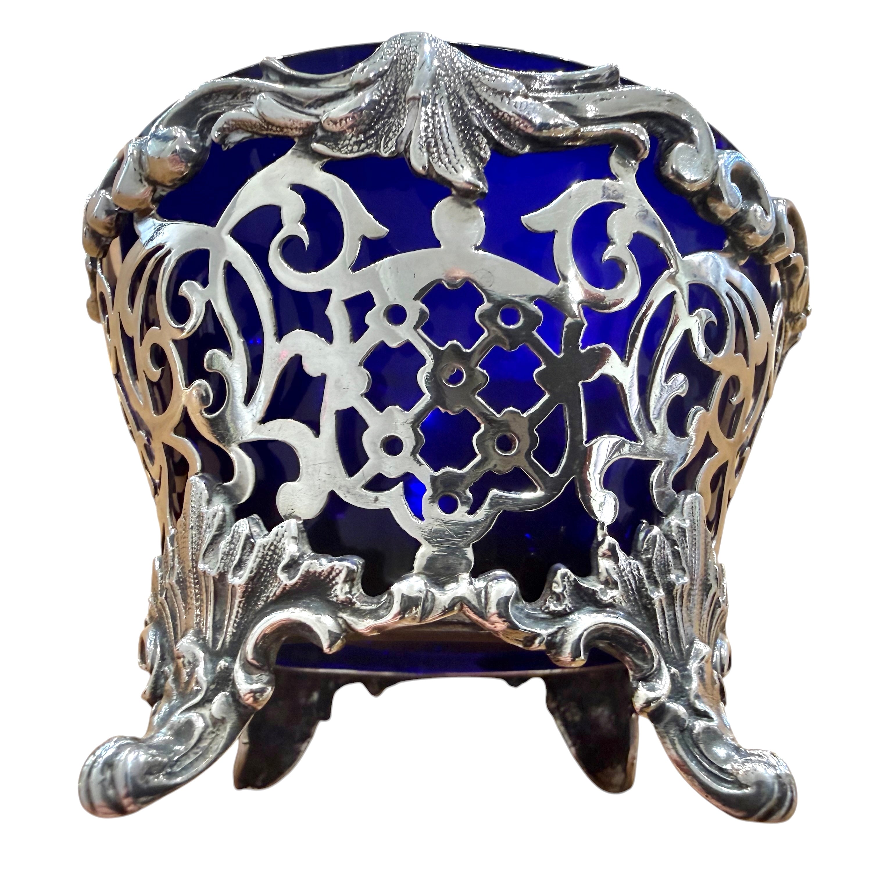 Early Victorian Sterling Silver Pierced Basket With Bristol Blue Liner. London 1844. Reily & Storer.