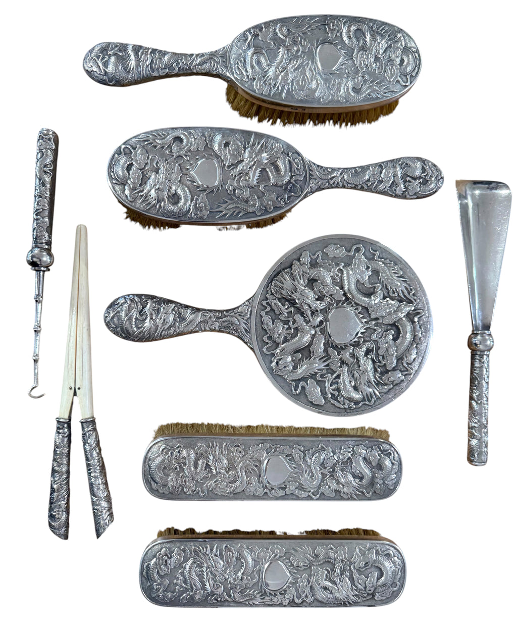 Exceptional CHINESE EXPORT Silver Vanity Set, 8 Pieces, Hung Chong, c. 1900