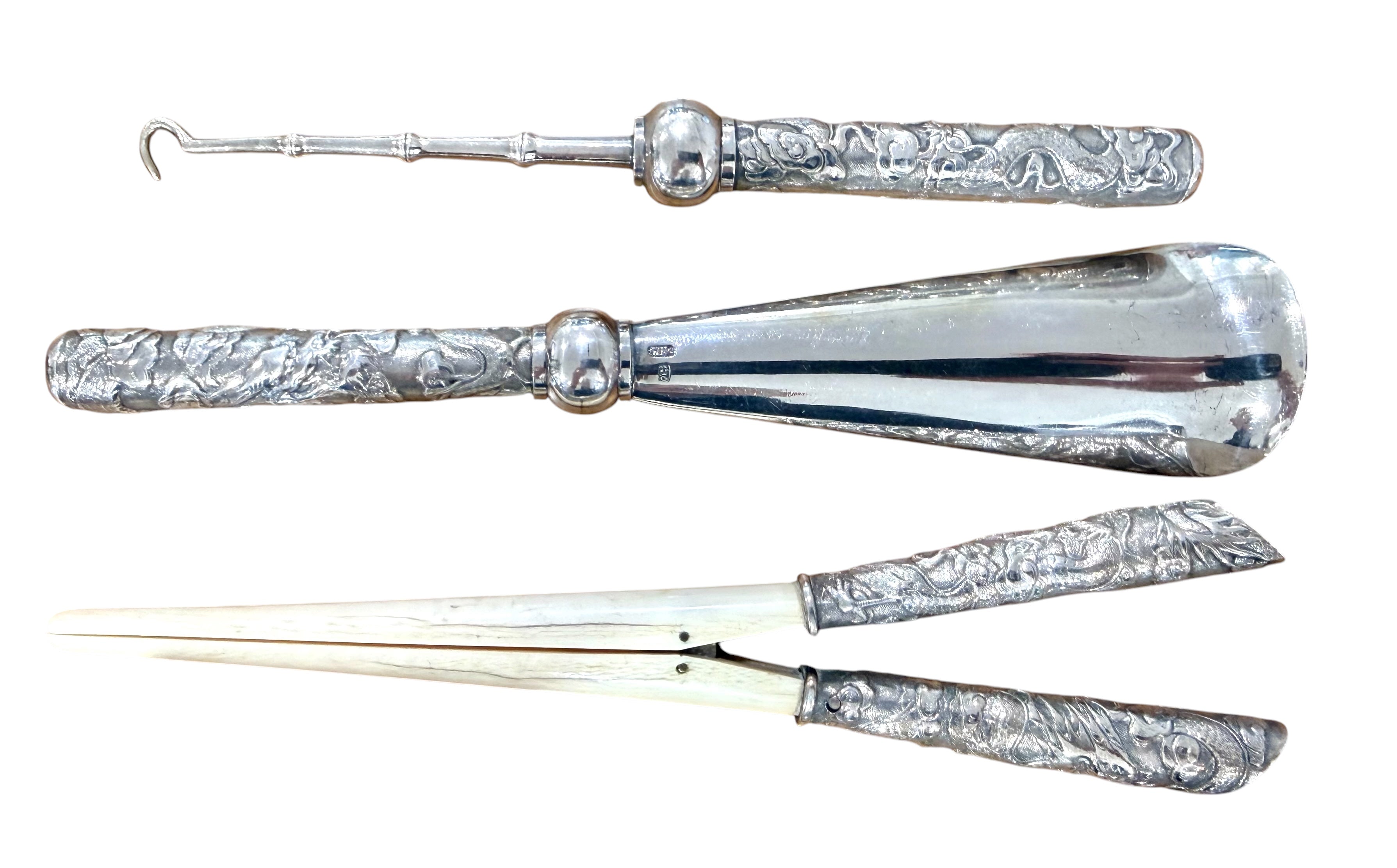 Exceptional CHINESE EXPORT Silver Vanity Set, 8 Pieces, Hung Chong, c. 1900