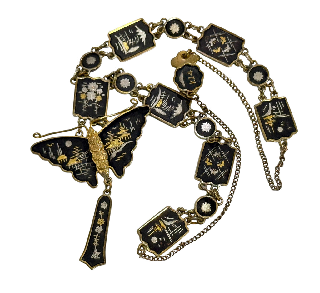 Japanese Damascene Necklace, circa 1920, 24 Carat Gold inlays
