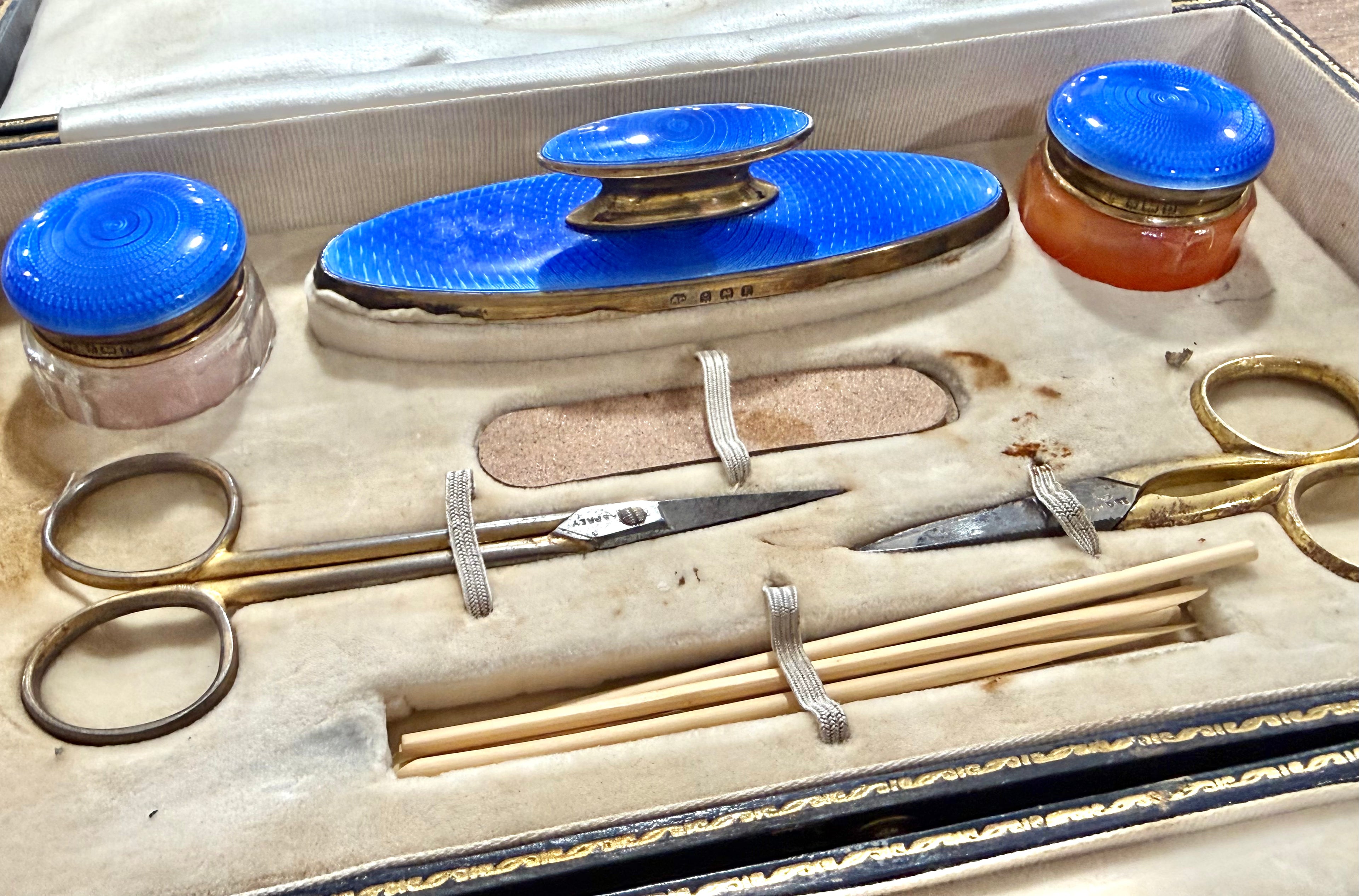 Beautiful Blue Enamel and Silver ASPREY Vanity Set 1929