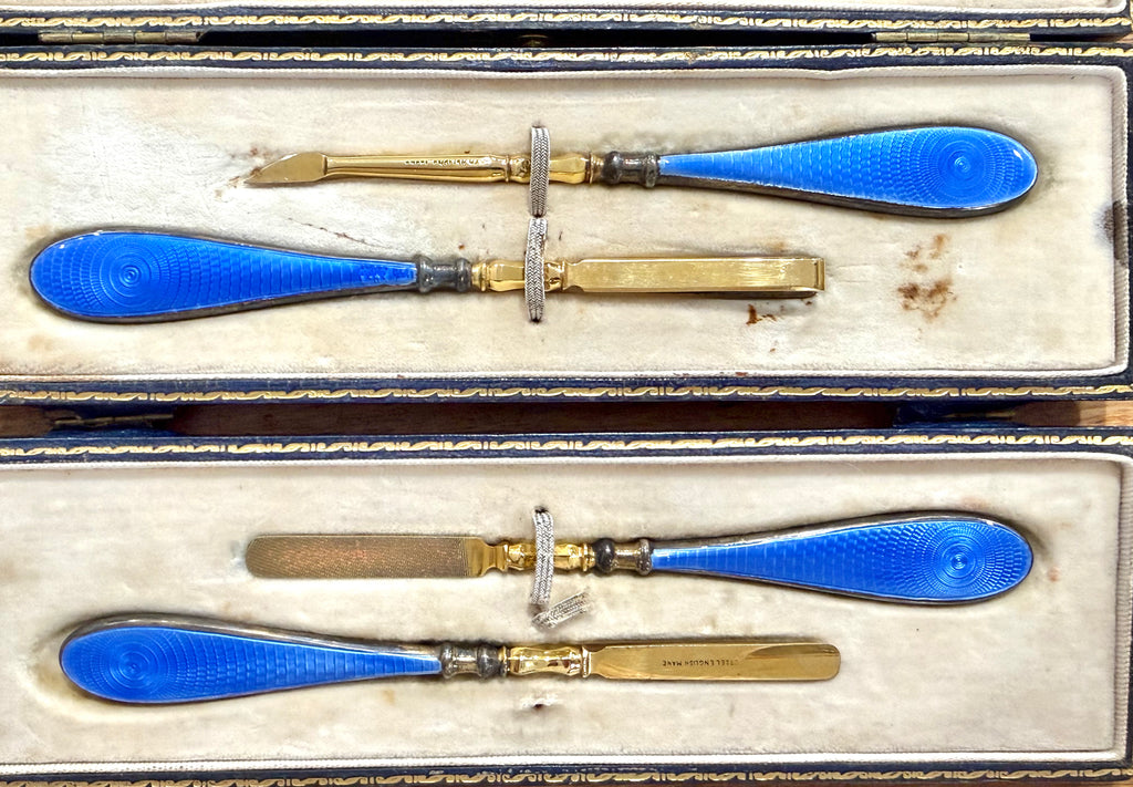 Beautiful Blue Enamel and Silver ASPREY Vanity Set 1929