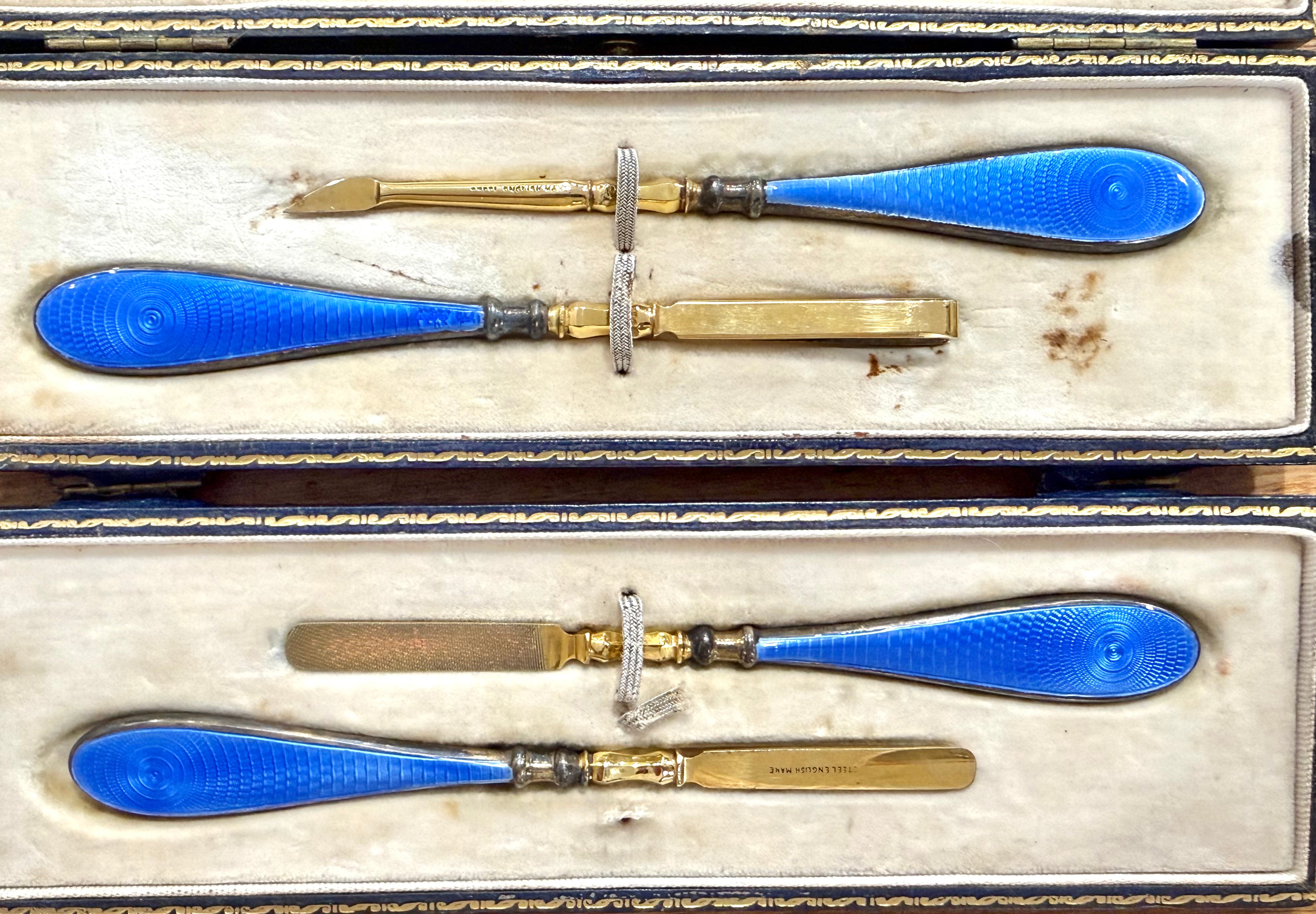 Beautiful Blue Enamel and Silver ASPREY Vanity Set 1929