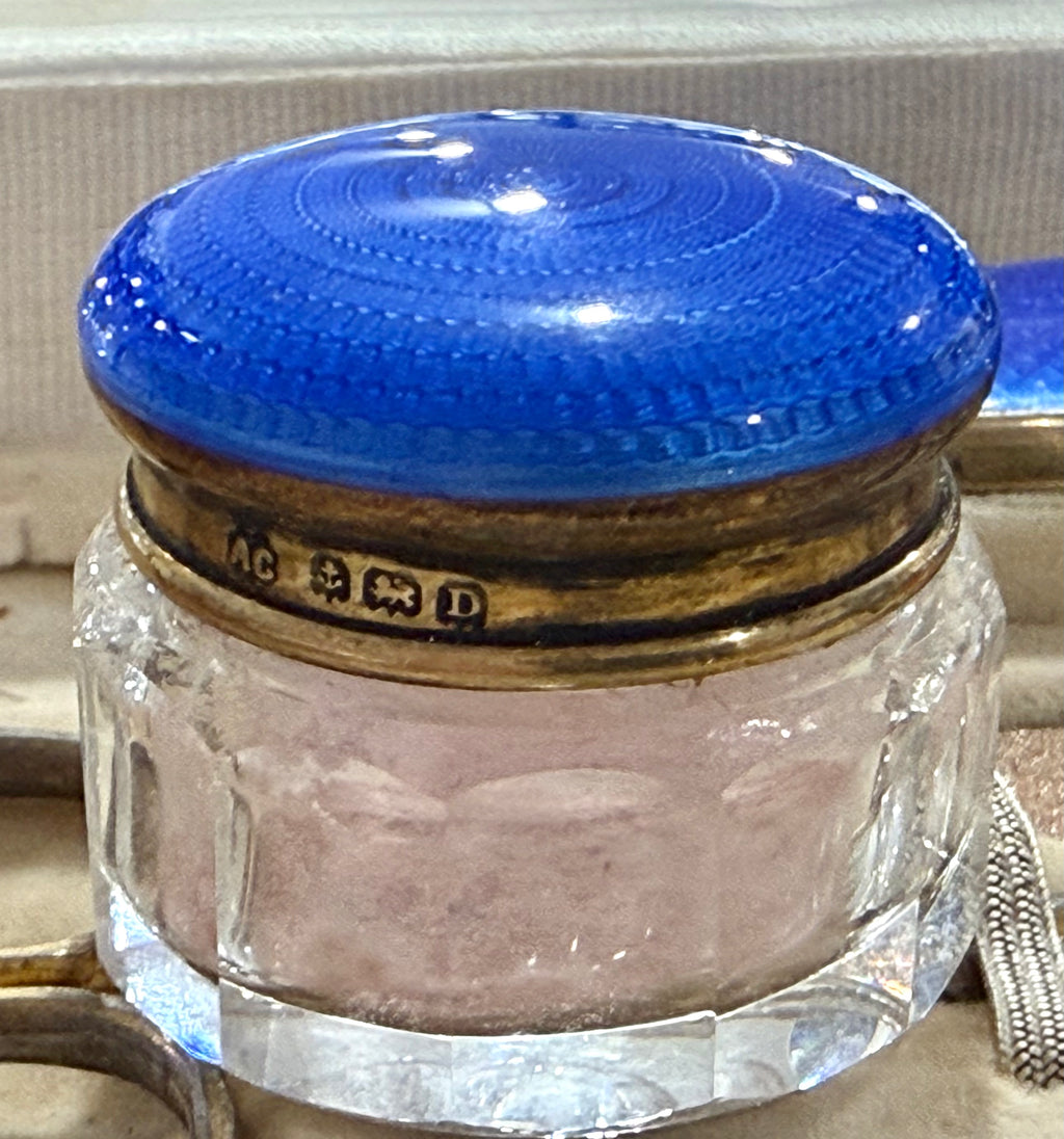 Beautiful Blue Enamel and Silver ASPREY Vanity Set 1929