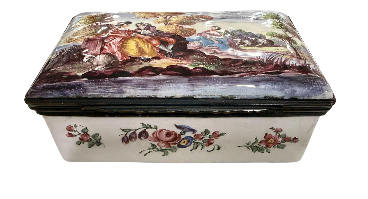 Fine late 18th Century Large Enamel Box, Figural and Landscape Scene.