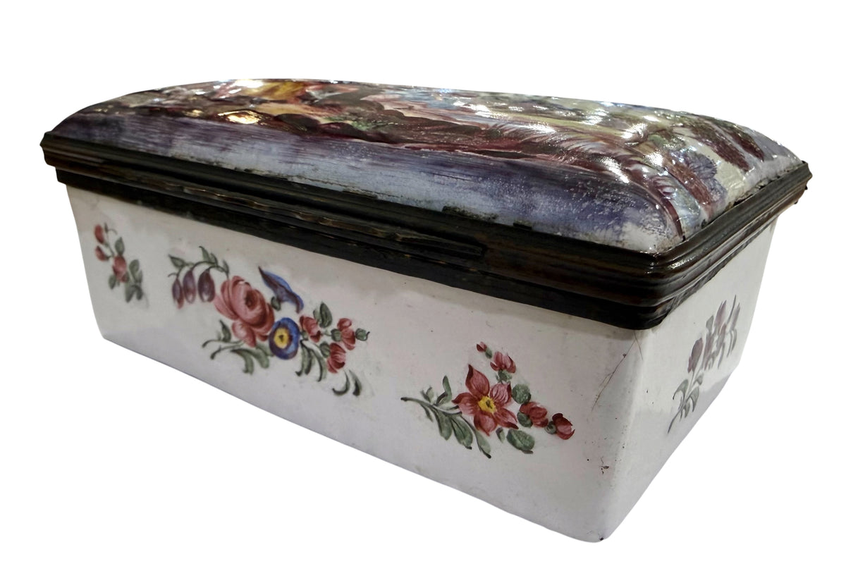 Fine late 18th Century Large Enamel Box, Figural and Landscape Scene.